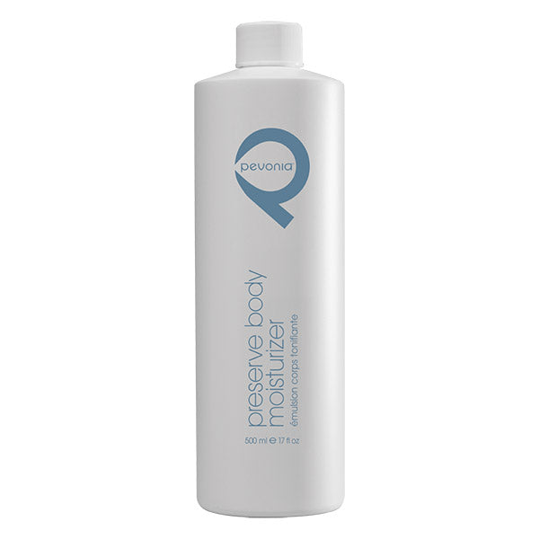 A bottle of Preserve Body Moisturiser by Pevonia with a white and blue label, indicating the product is for body and bath use.