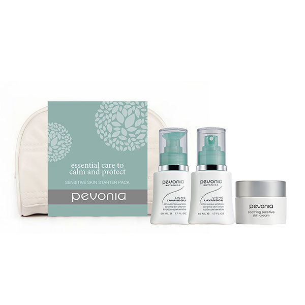 A skincare starter kit for sensitive skin by Pevonia, including a cleanser, lotion, and cream, with packaging that indicates it is travel-sized and budget-friendly.