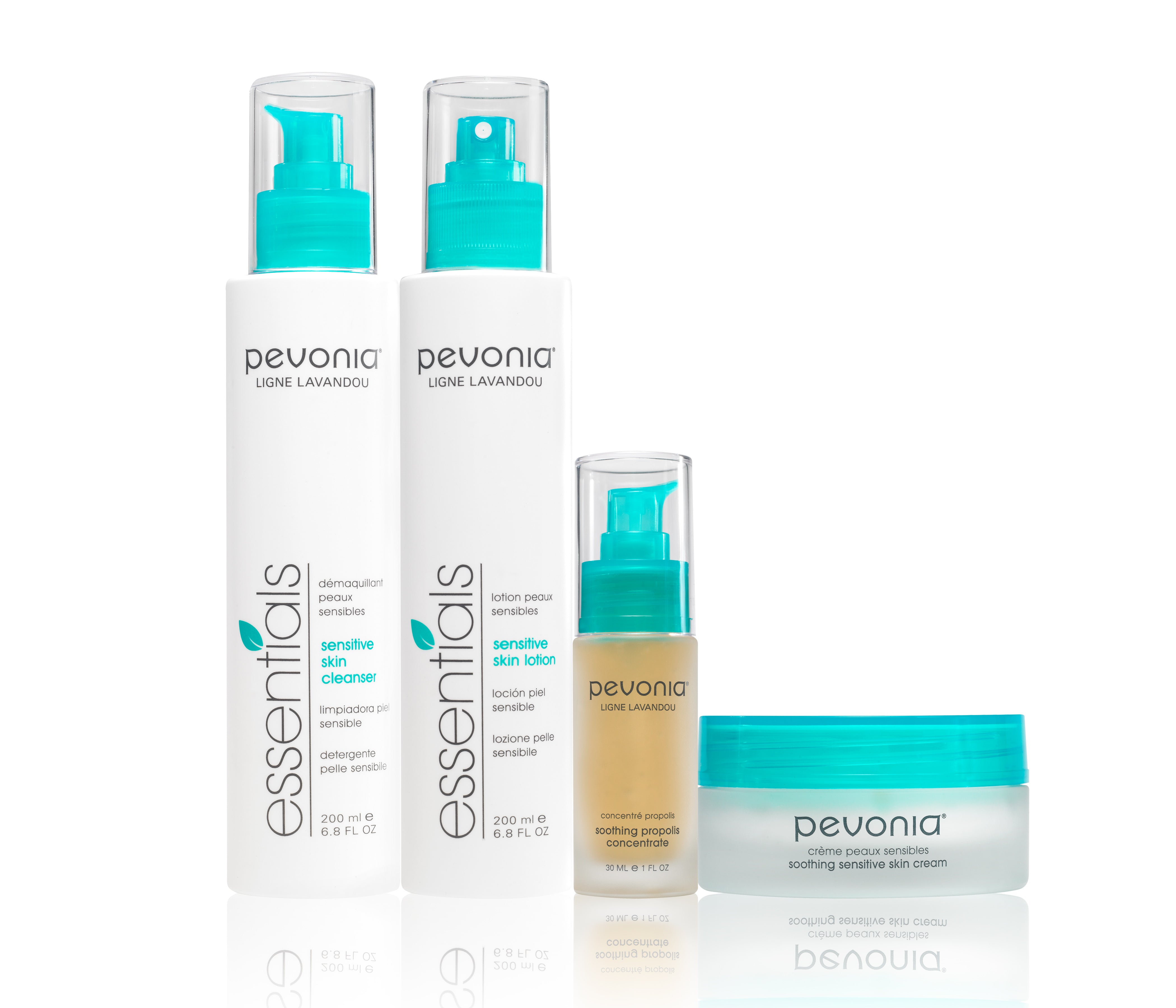 Pevonia skincare products including cleanser, serum, and cream on a white background