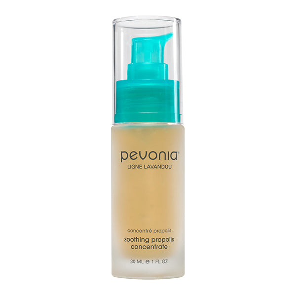 A bottle of Pevonia Soothing Propolis Concentrate with a pump dispenser, primarily in a clear liquid form.