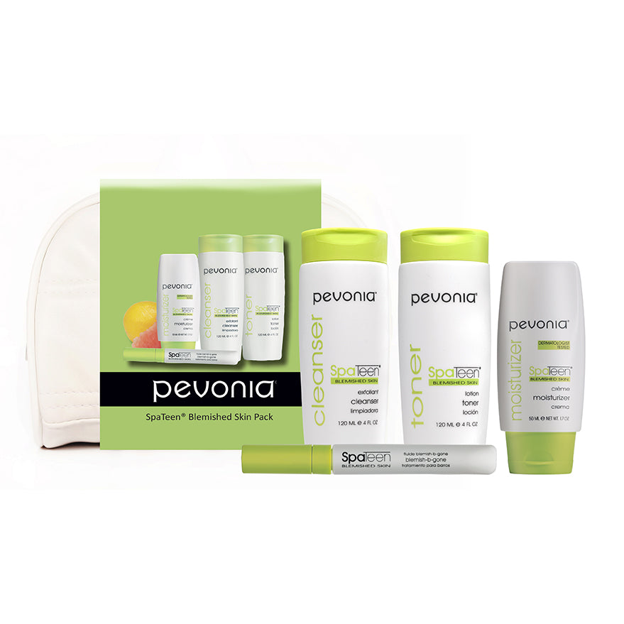 A Pevonia Starter Kit for Teen Blemished Skin, including bottles of cleanser, lotion, moisturizer, and a blemish-remedy cream, presented with a green and white packaging design.