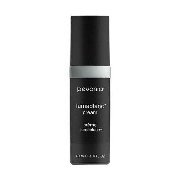 A black and white image of Pevonia Lumablanc Cream packaging, showing a bottle with a white label and black text, indicating the product is a cream for hyper-pigmentation and sun-damaged skin.