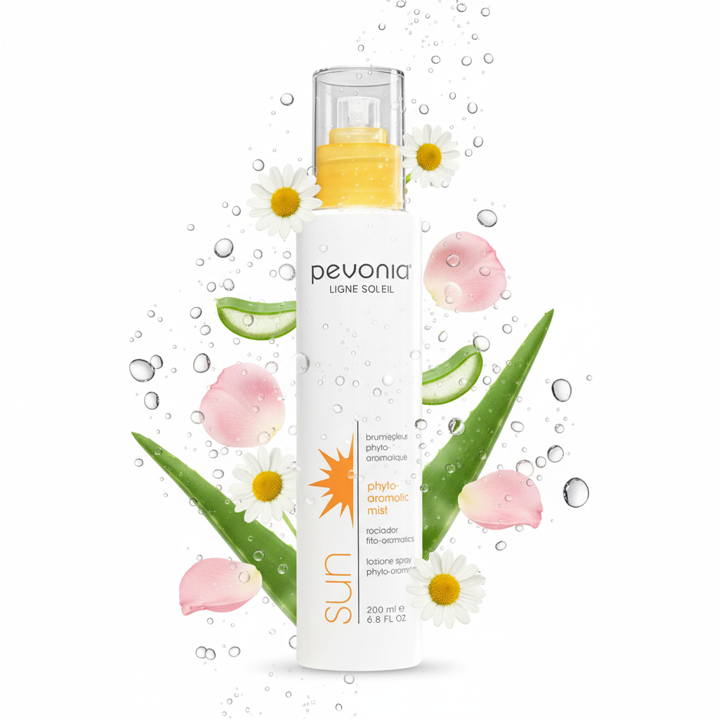 Pevonia skincare product with floral and aloe vera elements on a white background