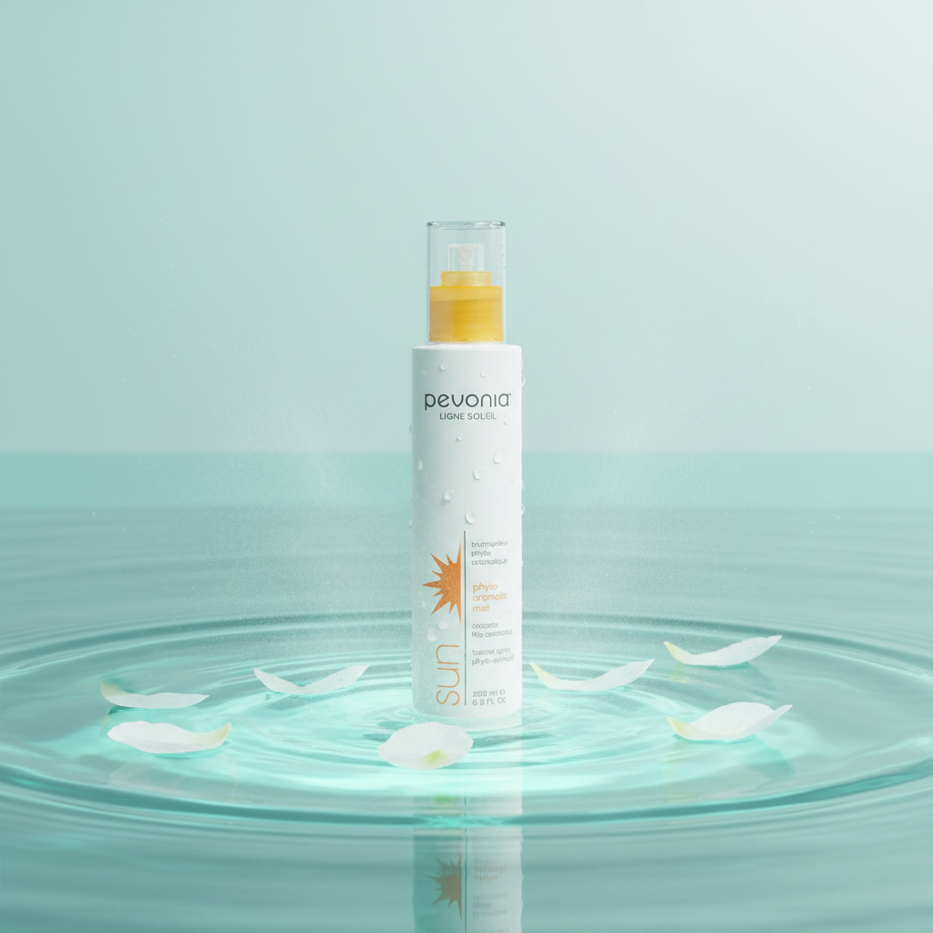 Devonia sunscreen bottle with a light blue gradient background and white petals.