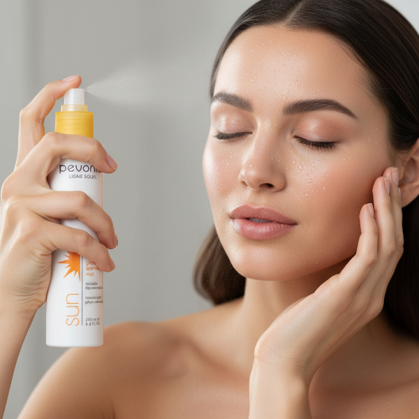 Woman applying sunscreen spray to her face with a neutral background