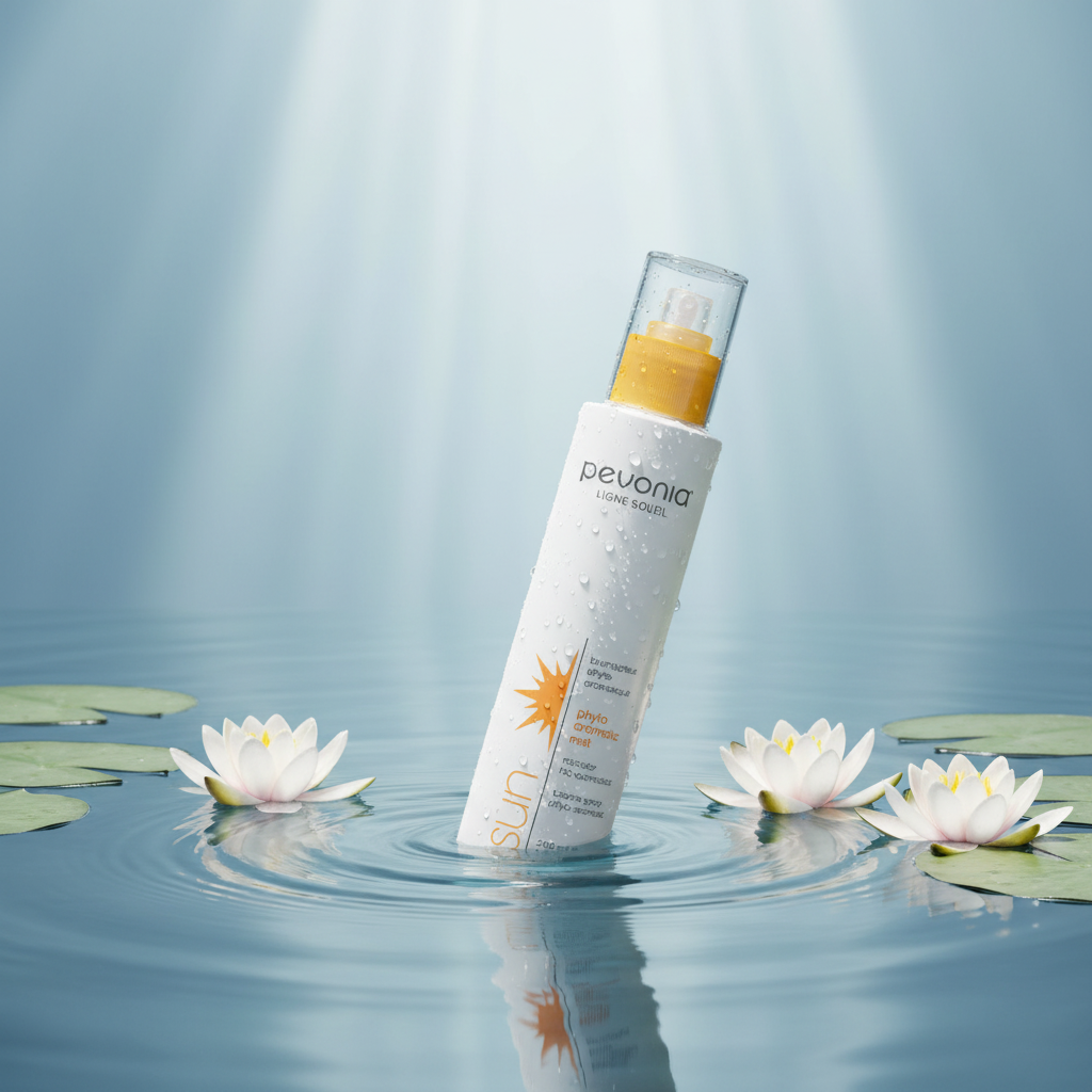 Pevonia bottle with sun protection cream on water lilies