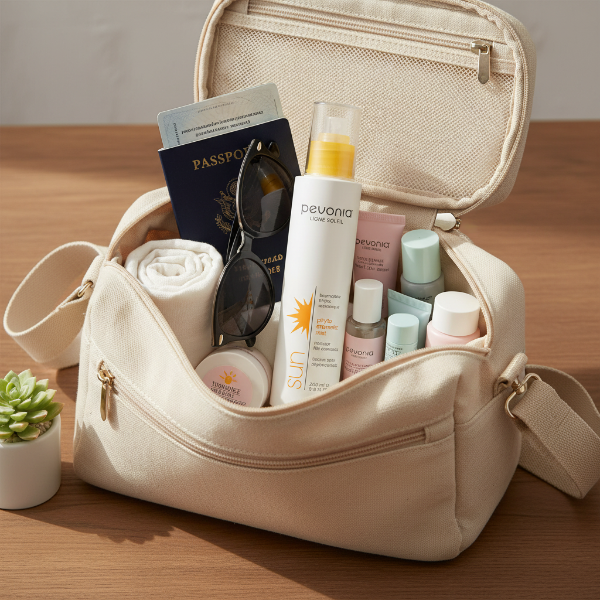 Beige travel bag with skincare products, sunglasses, and a passport on a wooden surface.