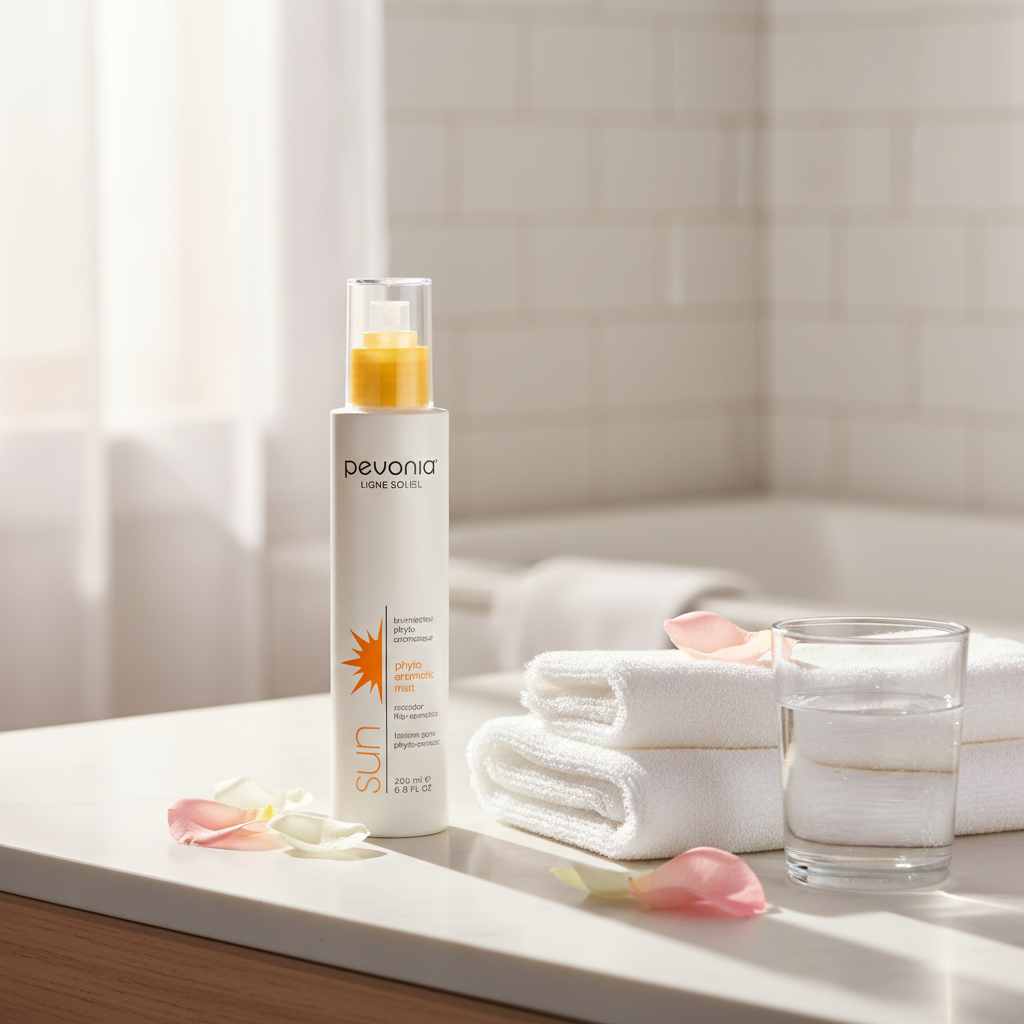 Devonia skincare bottle on a bathroom counter with towels and a glass.
