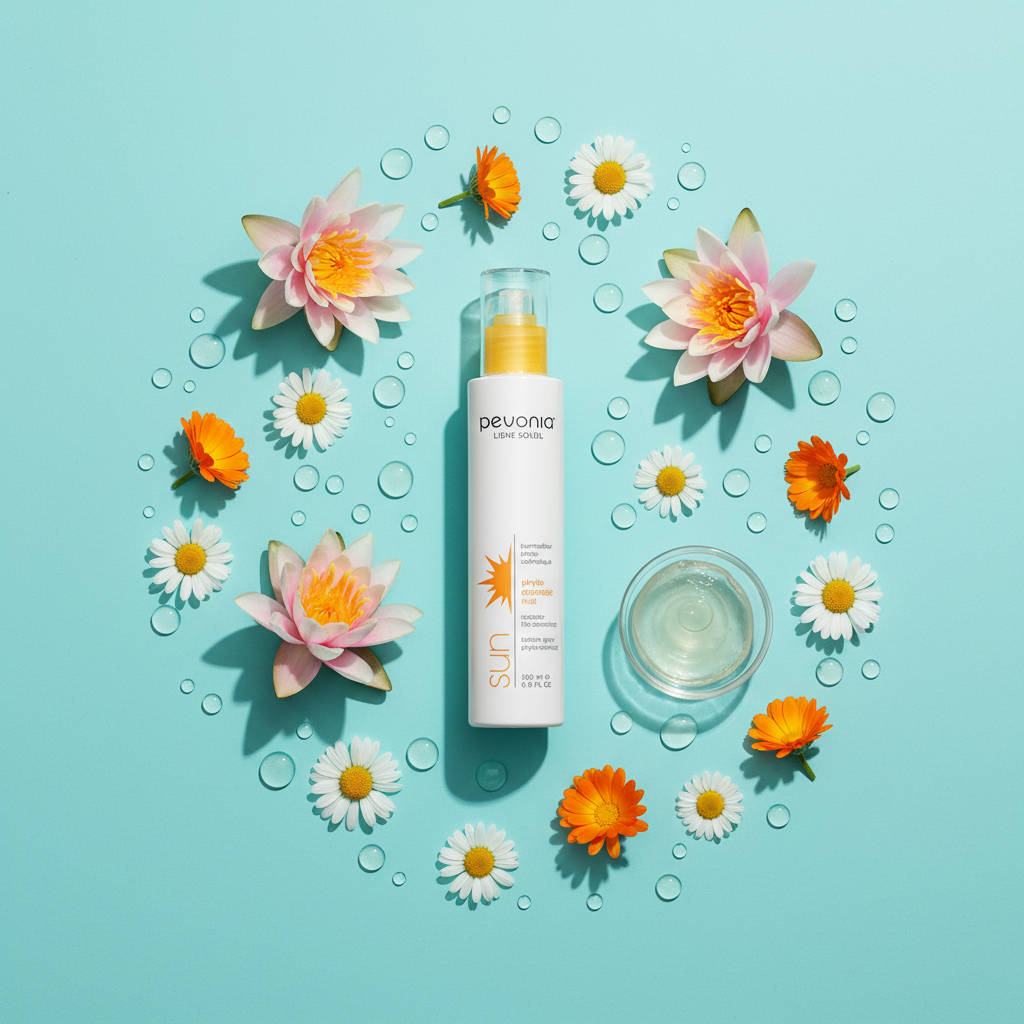Devona sunscreen bottle surrounded by flowers on a light blue background