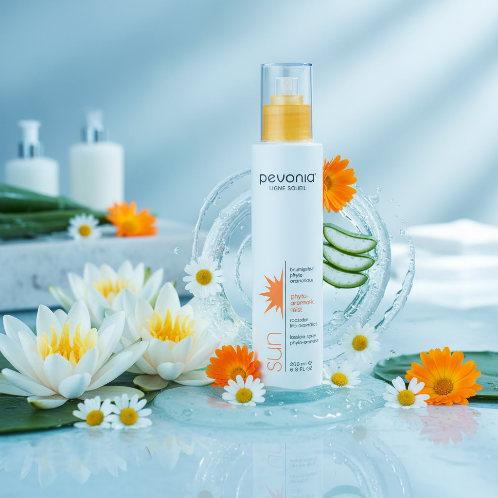 Pevonia bottle with flowers and aloe vera on a blue background