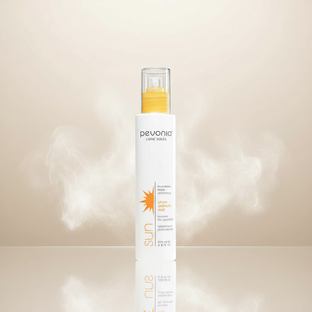 Pevonia sunscreen bottle on a beige background
