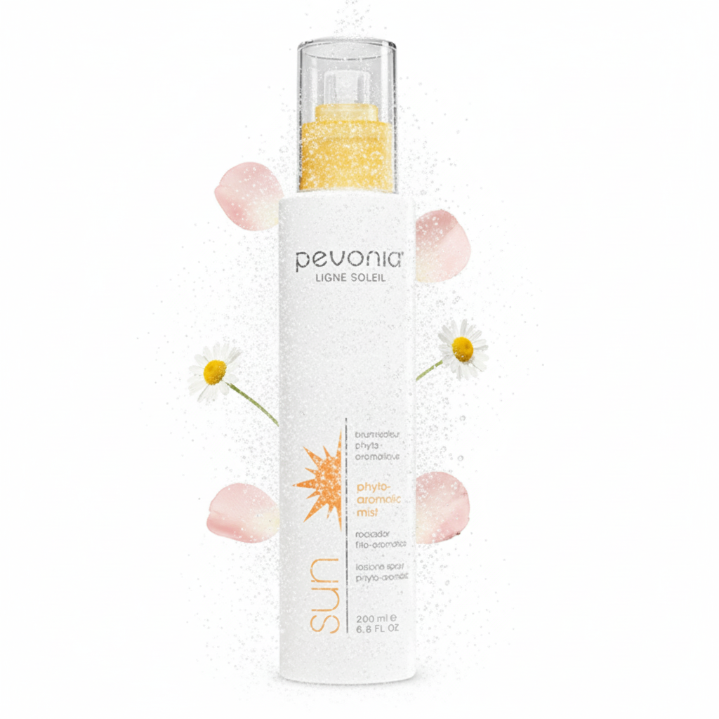 Pevonia sunscreen bottle with flowers on a white background