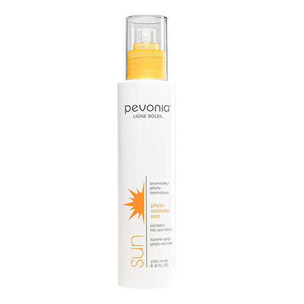 A white spray bottle labeled 'Pevonia' with a clear cap and orange nozzle, containing the Phyto Aromatic Mist.