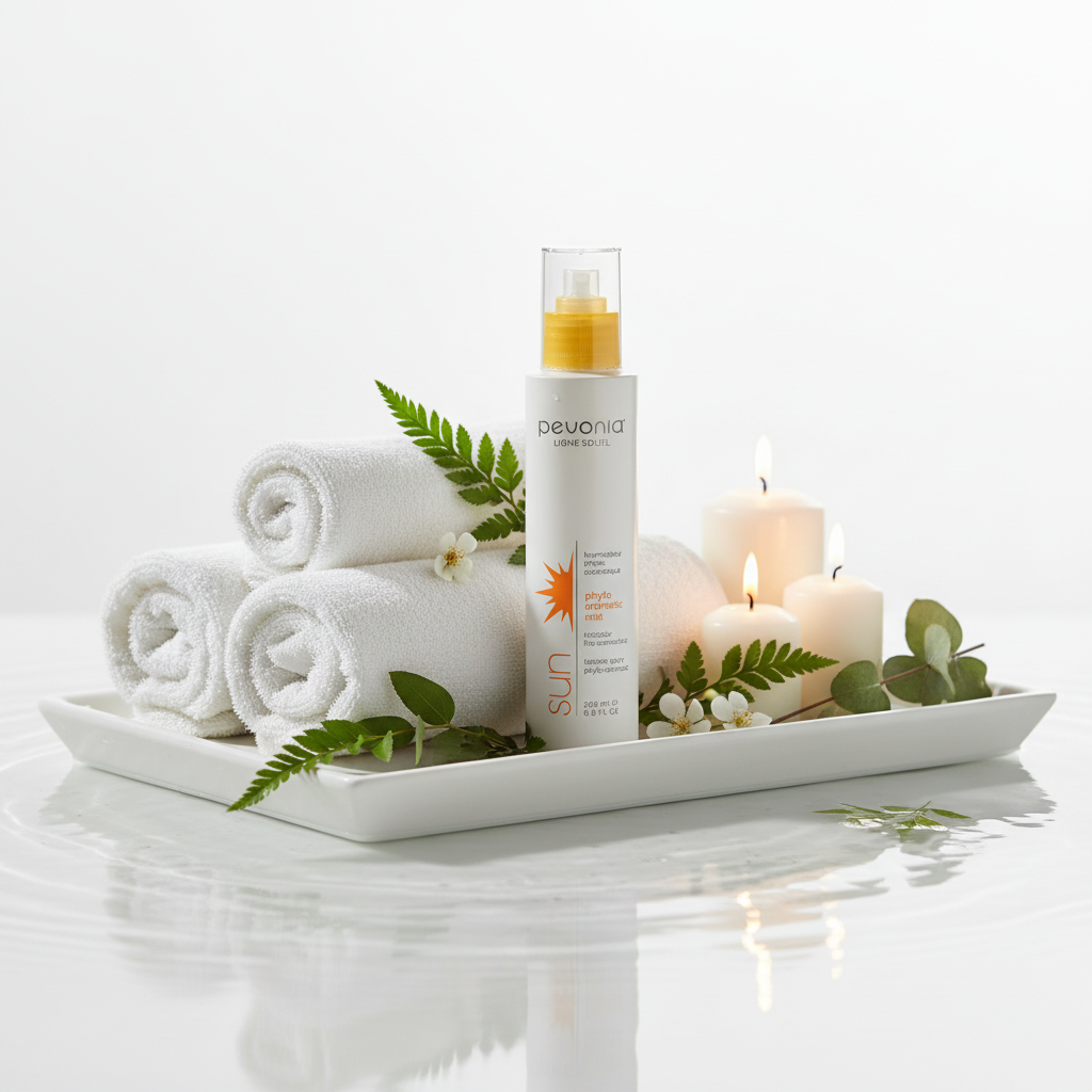 White towels, candles, and a bottle of Deoproce sunscreen on a white tray with a white background