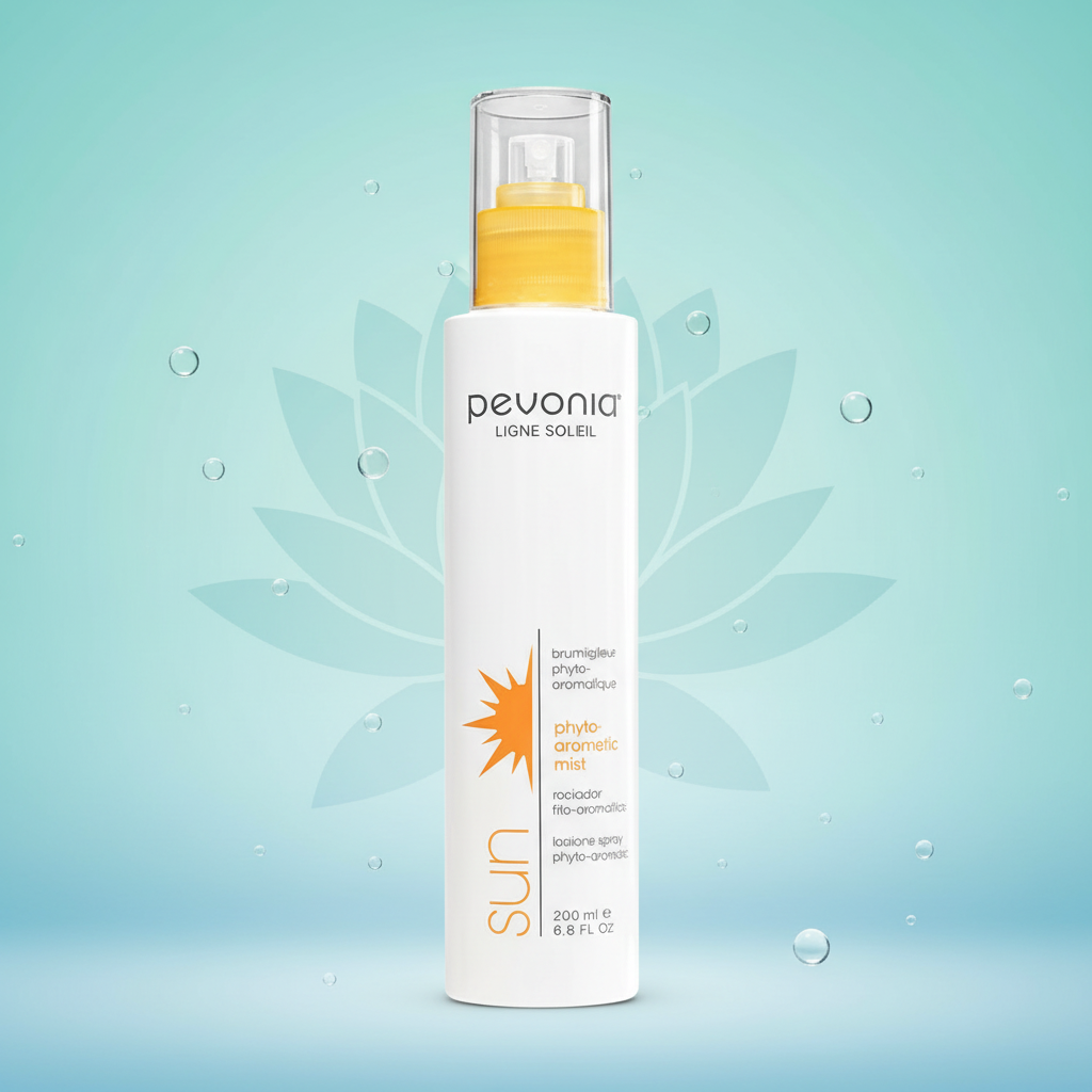 Pevonia sunscreen bottle on a light blue background with leaf designs