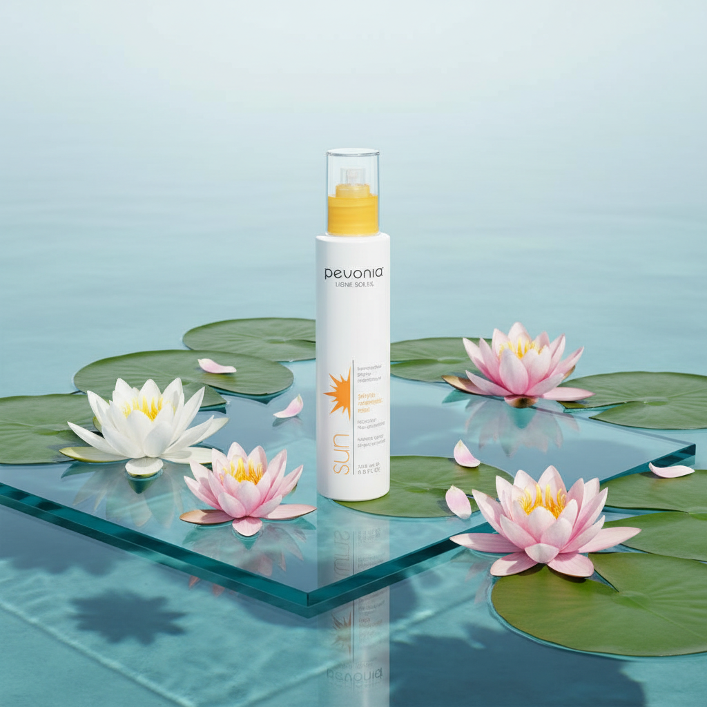 Pevonia sunscreen bottle on a glass surface with water lilies
