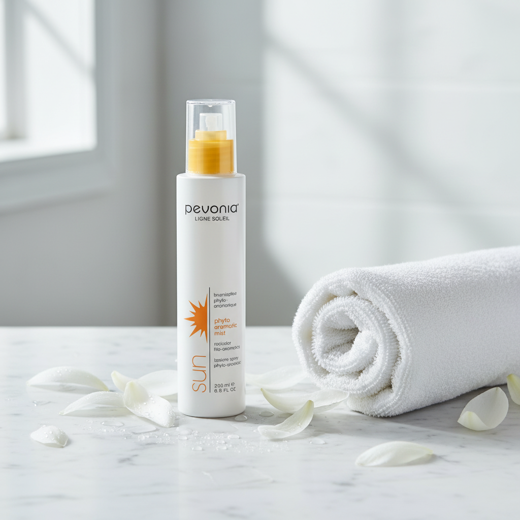 Pevonia bottle of sunscreen spray on a marble surface with a white towel and flowers.