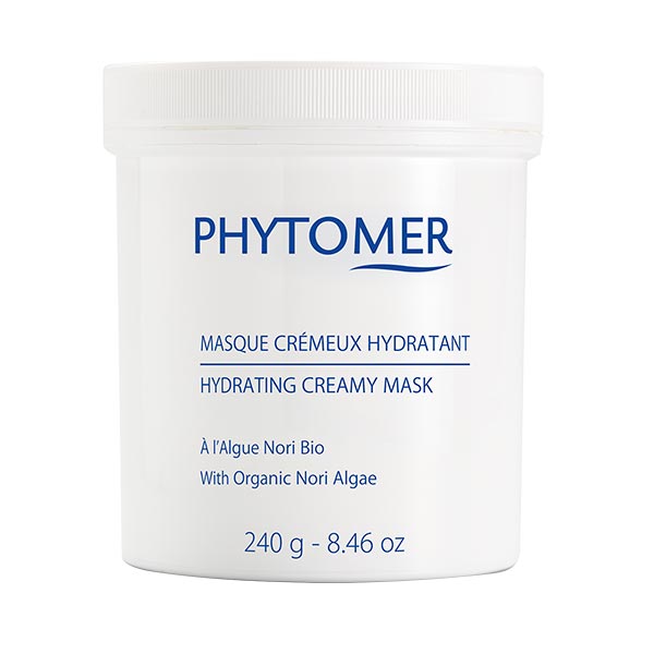 A white jar of Phytomer Hydrating Creamy Mask with Organic Noriu Algae, labeled in blue and green text, indicating the product weight of 240g - 8.46 oz.