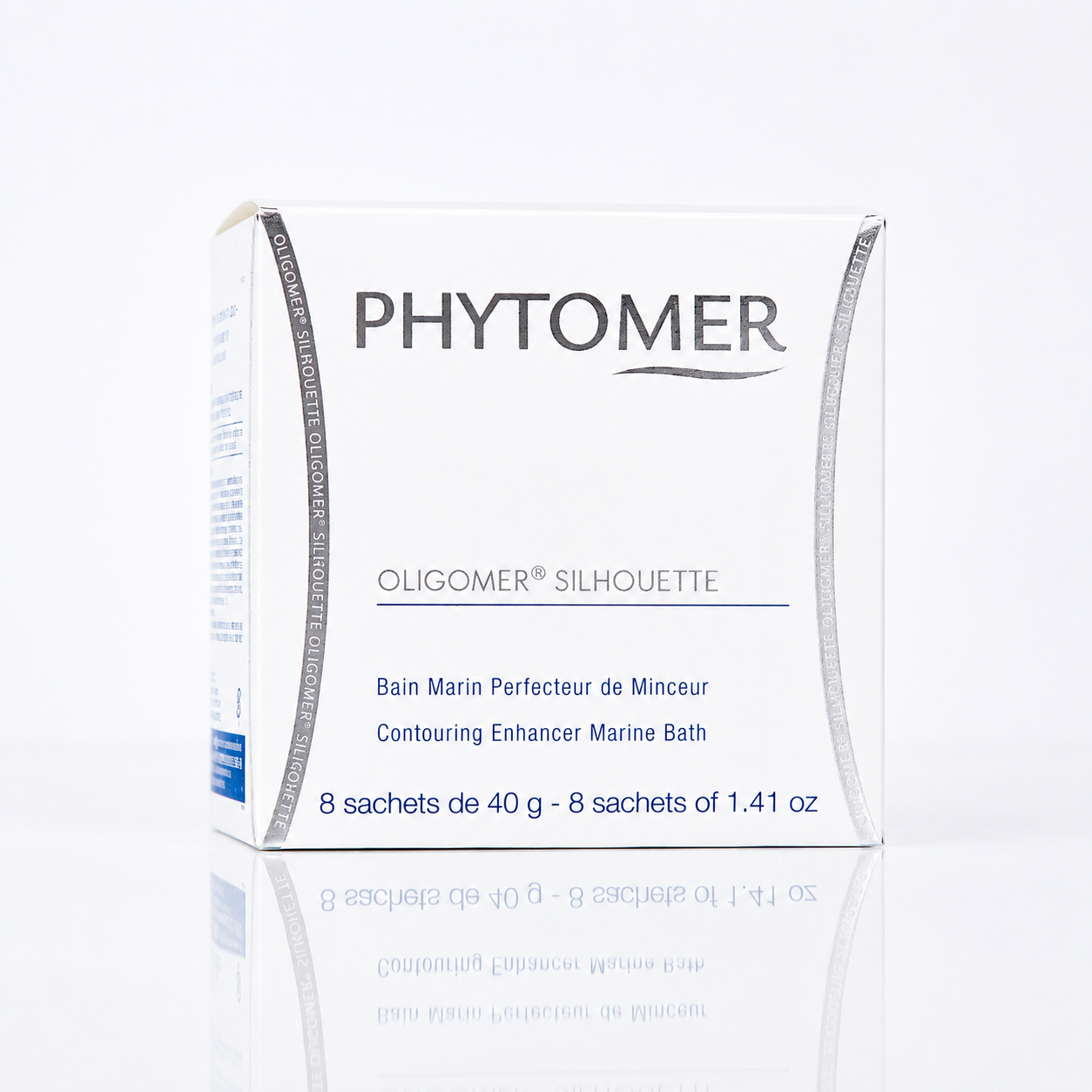 Phytomer Oligomer Silhouette marine bath packaging box, 8 sachets of 40g (1.41 oz) each, shown on a reflective white surface against a white background.