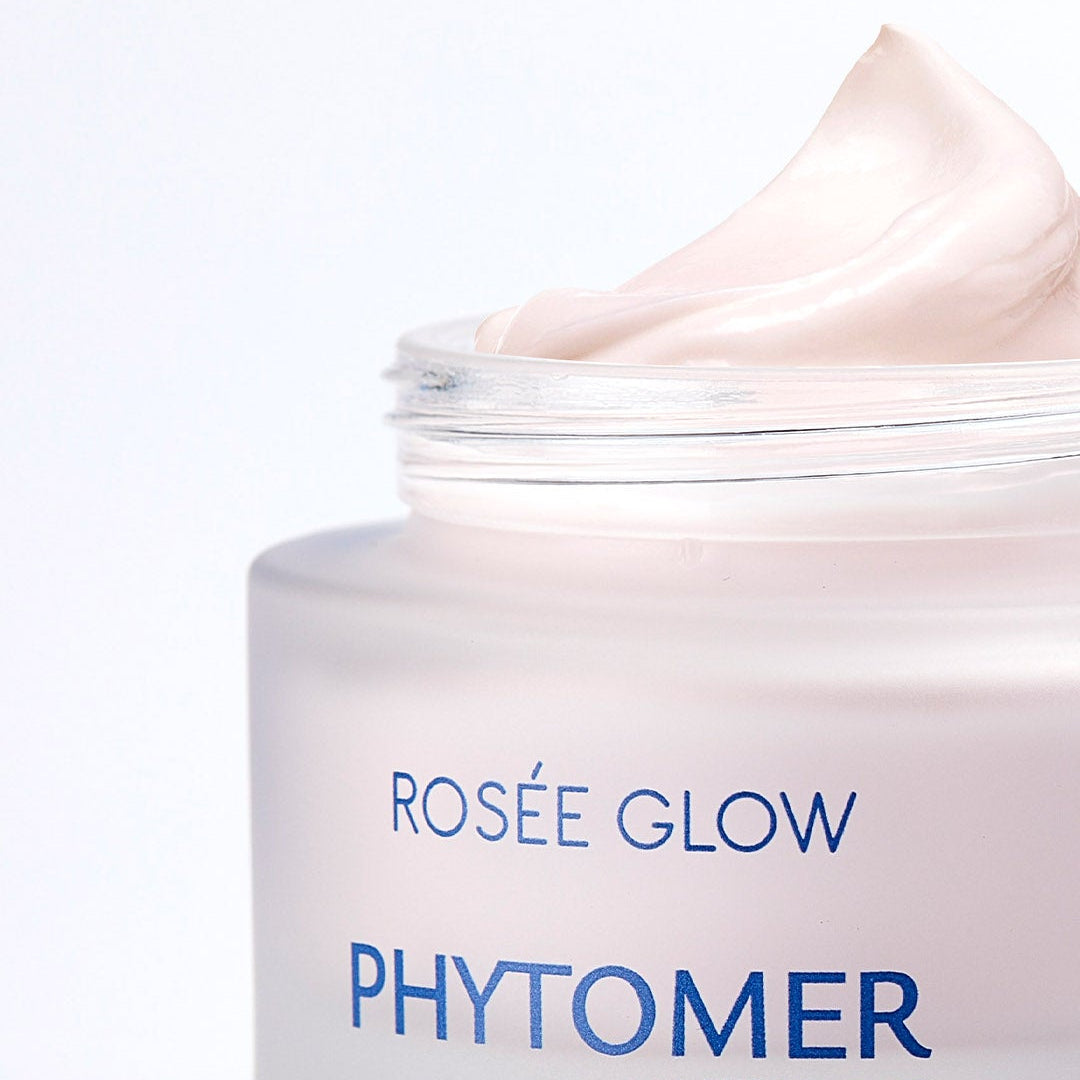 Phytomer Rosée Glow cream jar with visible cream on a white background