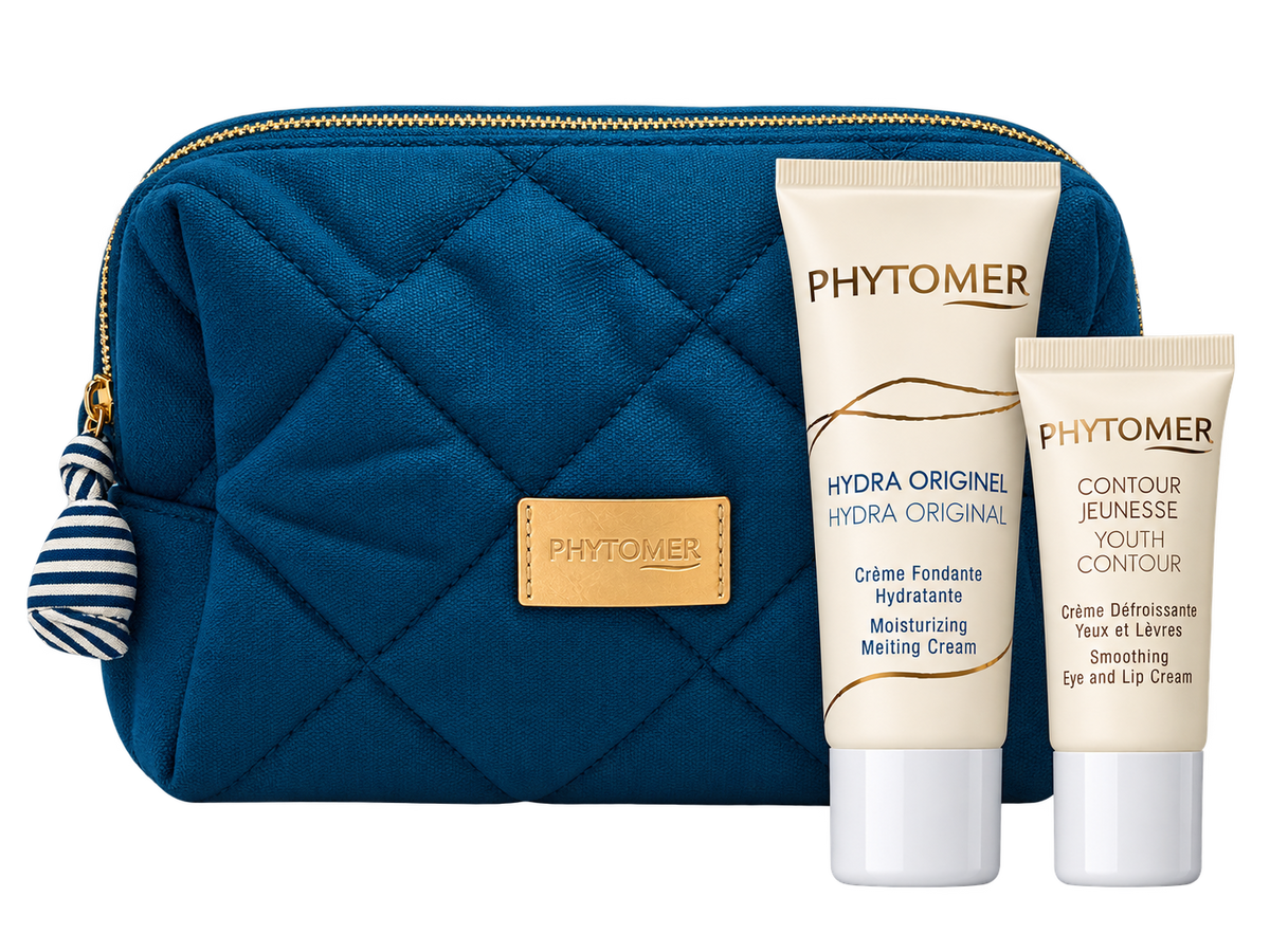 Phytomer Hydra Original cream, Youth Contour Eye and Lip Cream and blue cosmetics pouch
