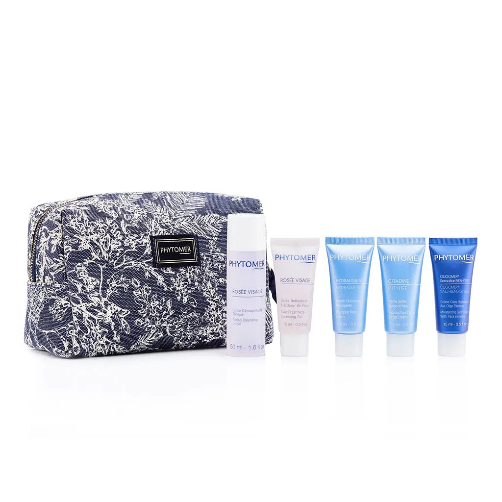 Cosmetic bag with skincare products on a white background