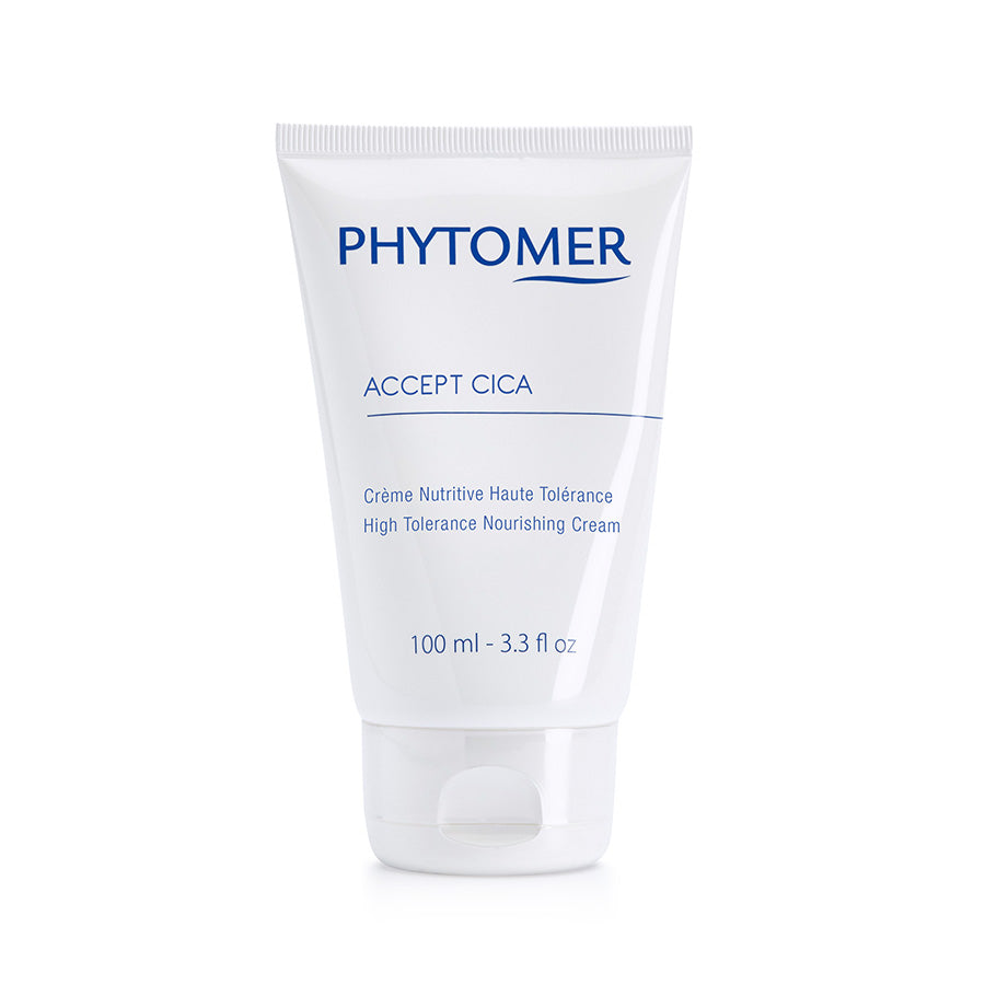 A tube of PHYTOMER ACCEPT CICA High Tolerance Nourishing Cream, with white and blue color scheme.