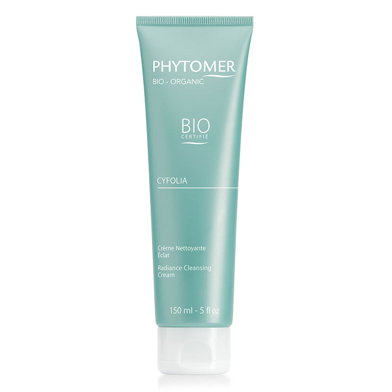 A tube of CYFOLIA ORGANIC Radiance Cleansing Cream by PHYTOMER with a light blue color and white text.