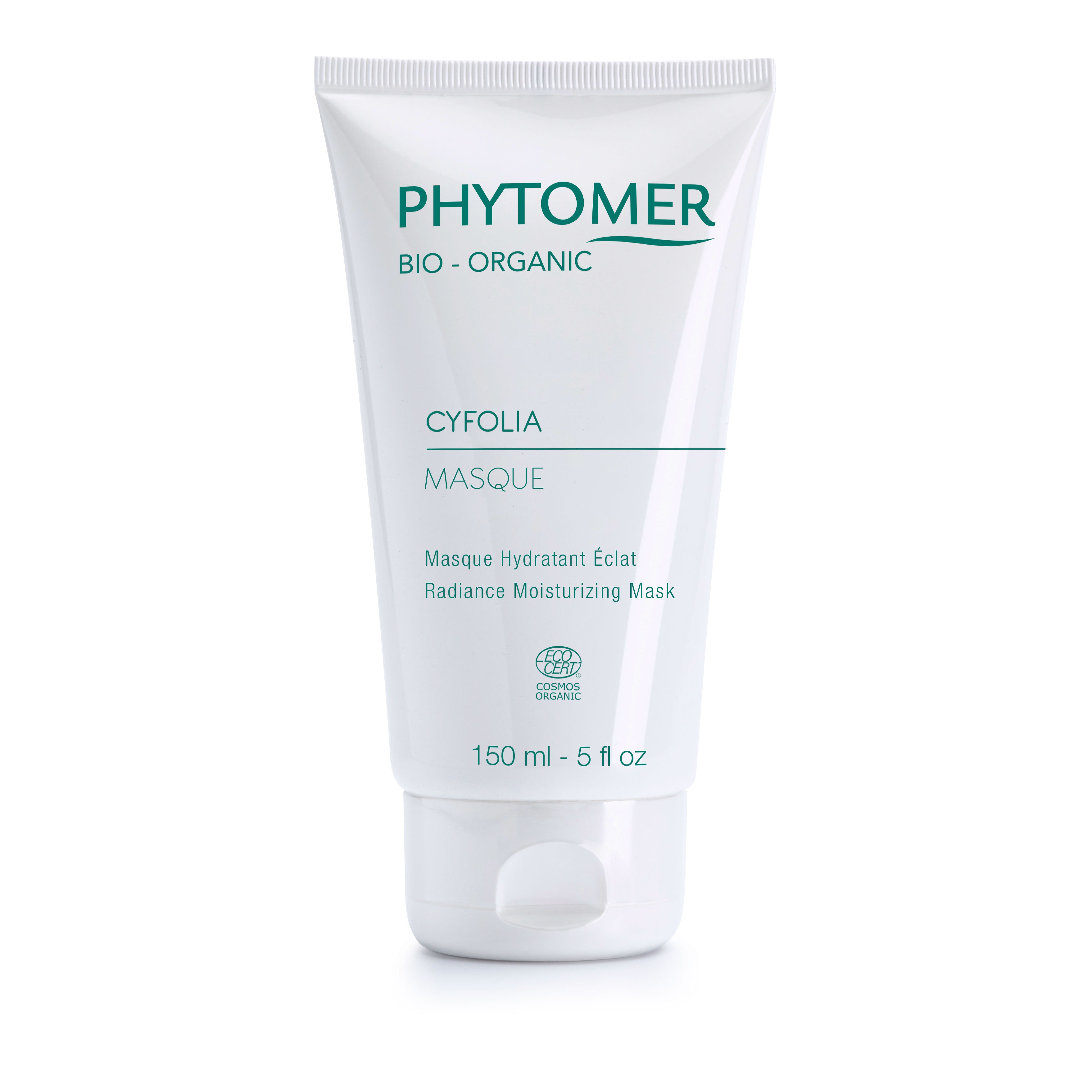 A tube of CYFOLIA Organic Radiance Moisturising Mask by PHYTOMER, with white and green color scheme and text indicating it is a 'Masque Hydratant Effet' with '150ml - 5 fl oz' volume.
