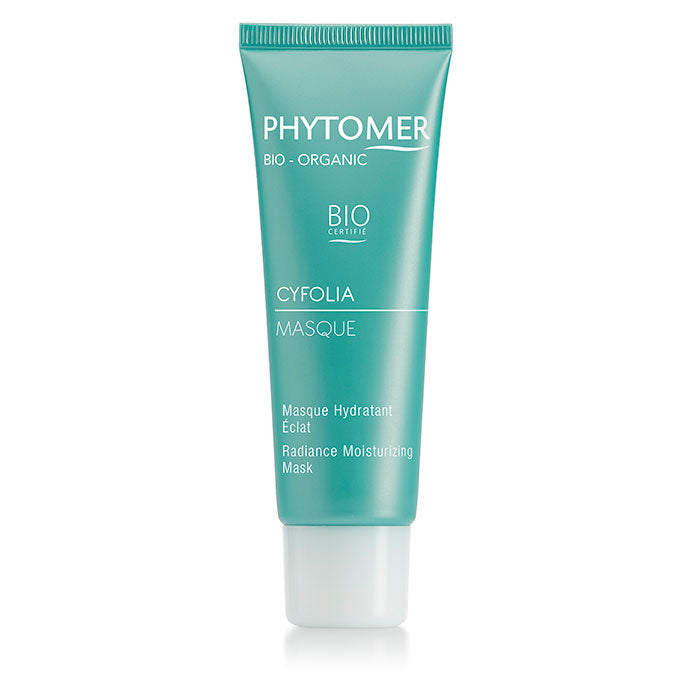 A tube of CYFOLIA ORGANIC Radiance Moisturising Mask by PHYTOMER with a teal color label.