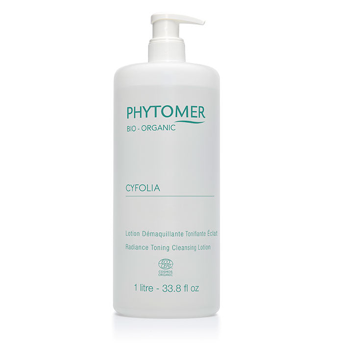 A bottle of CYFOLIA Organic Radiance Toning Cleansing Lotion by Phytomer with a pump dispenser, labeled for professional use, 1 liter volume.