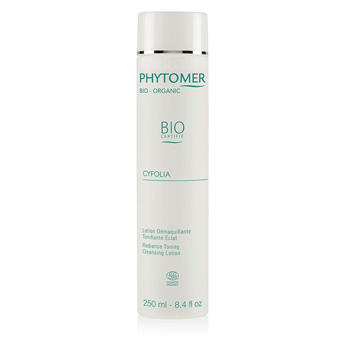 A bottle of CYFOLIA Organic Radiance Toning Cleansing Lotion by PHYTOMER. The bottle is white with green and blue text and detailing.