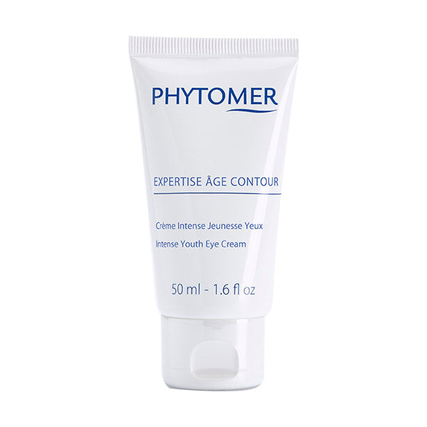 A bottle of Phytomer Expertise Age Contour Intense Youth Eye Cream with a white pump dispenser, set against a plain background.