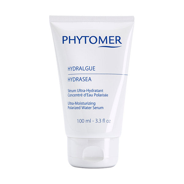 A bottle of Phytomer Hydrasea Ultra-Moisturising Serum with a blue label and a pump dispenser.