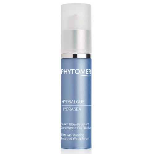 A bottle of Phytomer Hydrasea Ultra-Moisturising Serum with a blue label and a pump dispenser.