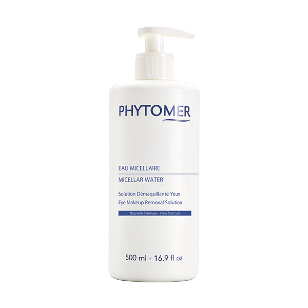 A pump bottle of PHYTOMER Micellar Water Eye Makeup Removal Solution, with labeling in blue and white.