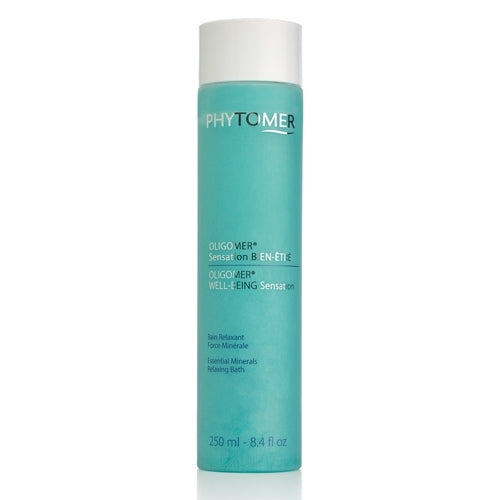 A bottle of Phytomer Oligomer Well Being Sensation Essential Minerals Relaxing Bath, 250ml, with a turquoise label and cap.