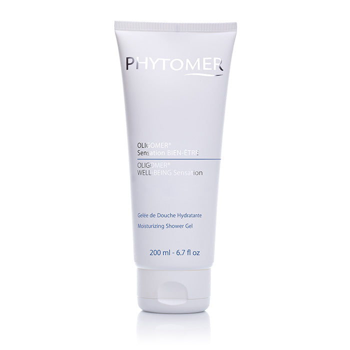 A white tube of Phytomer Oligomer Well-Being Sensation Moisturising Shower Gel with blue and black text, containing 200 ml of product.