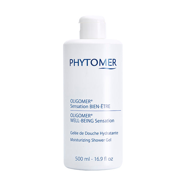 A white pump bottle labeled with the Phytomer brand and the product name 'Oligomer Well-Being Sensation Moisturising Shower Gel', with a size of 500ml.
