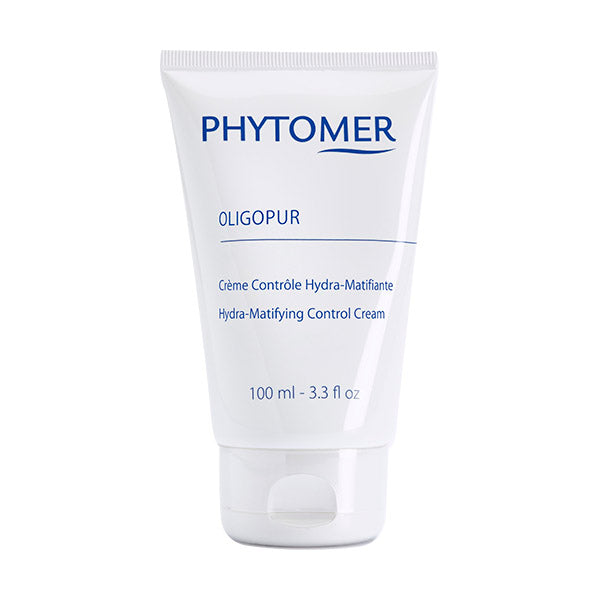 A tube of PHYTOMER Oligopur Hydra-Matifying Control Cream, with white and blue color scheme and product information on the label.