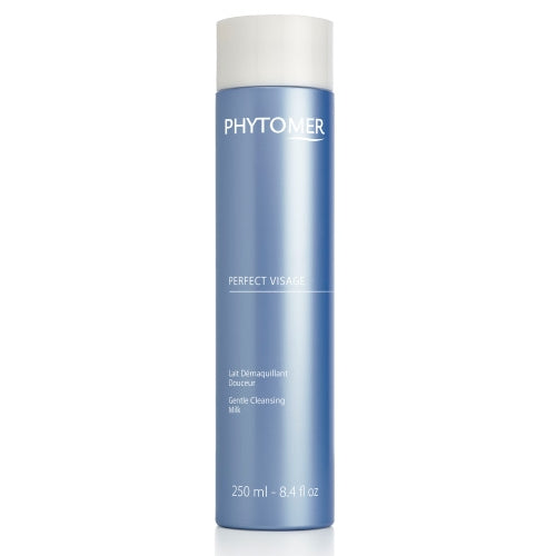 A bottle of Phytomer Perfect Visage Gentle Cleansing Milk, labeled for all skin types.