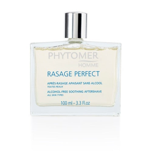 A bottle of Phytomer Rasage Perfect alcohol-free soothing after shave for men, with a white label and cap on a plain background.