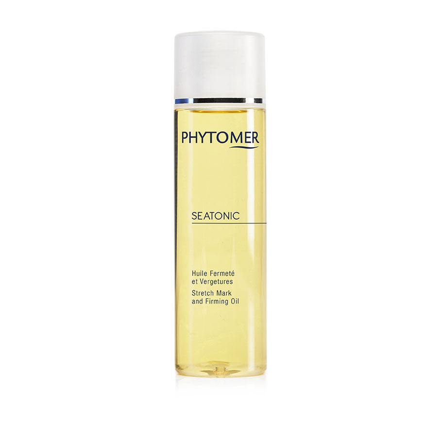 A clear bottle with a white label containing the PHYTOMER Seatonic Stretch Mark & Firming Oil, with a white cap on top.