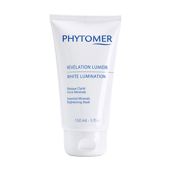 A tube of Phytomer White Lumination Brightening Mask, with blue and white color scheme and product details.