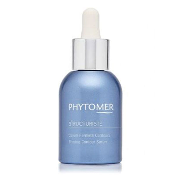 A blue bottle with a white dropper label reading 'PHYTOMER STRUCTURISTE Firming Contour Serum', designed for skincare.