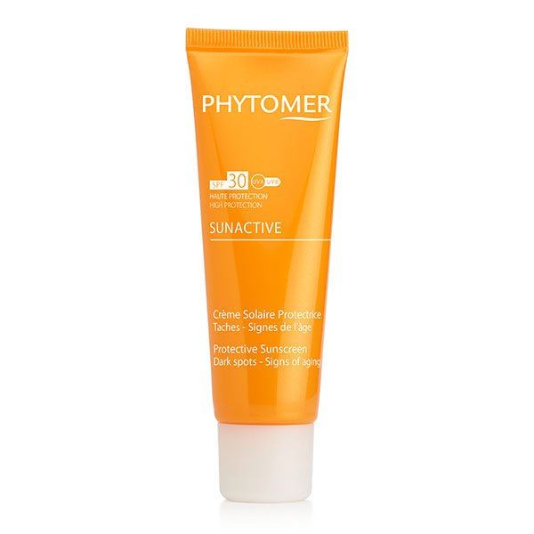 A tube of Phytomer Sunactive Protective Sunscreen with SPF30, focused on protecting against signs of aging and dark spots.