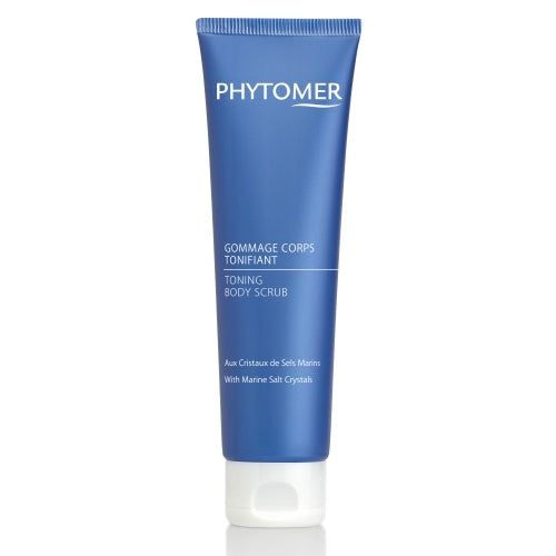 A blue tube of Phytomer toning body scrub with white dispenser top, labeled Gommage Corps Tonifiant.