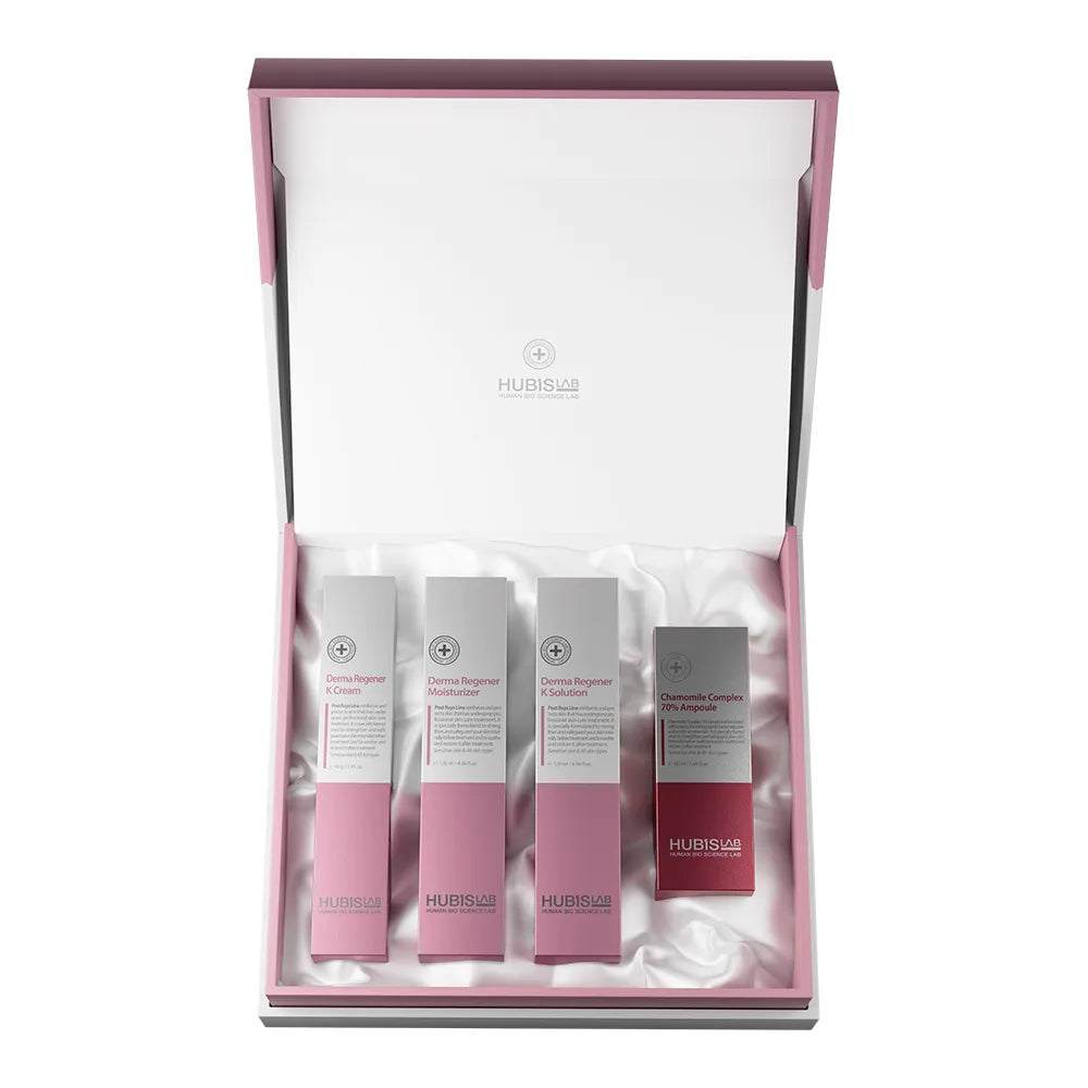 HUBISLAB Post Rays Deluxe Set contents with Chamomile Complex Ampoule 50 ml, K Solution 120 ml, Moisturiser 120 ml and K Cream 40 g.