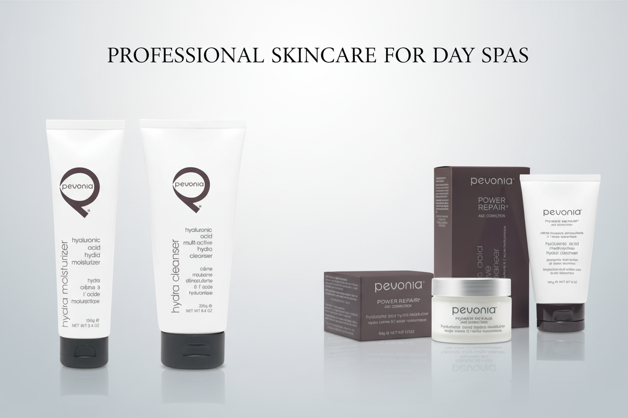 Pevonia skincare products including 2 professional use products on the left and 2 retail products in front of their box on the right white background