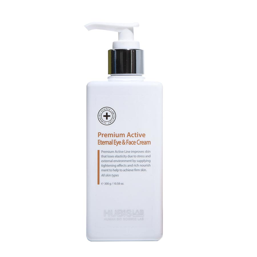 A pump bottle of Premium Active Eternal Eye & Face Cream by Hubislab, with a white label and orange accents.